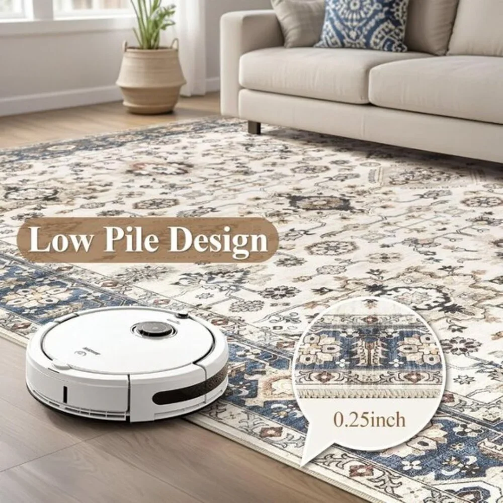 New 5x7 Blue Washable Area Rug Vintage Non-Slip Carpet for Living Room Home